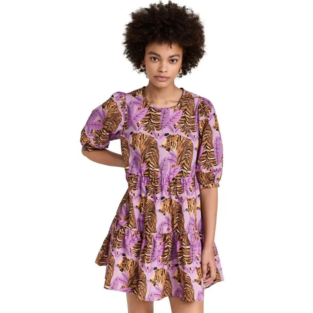 Farm Rio Tiger Leaves Lavender Mini Dress Women Medium Purple Puff Sleeve Tiered